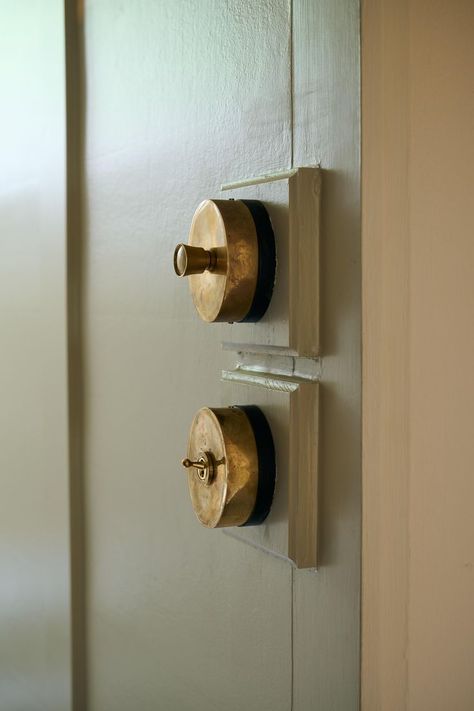 One oval light dimmer switch and one oval toggle switch, both designed and made by our metal team in our studio in Leicestershire. The finish is called 'Heirloom Brass', it's polished but unlacquered so will slowly change over time. #deVOLKitchens #BrassSwitches Brass Light Fixtures, Vintage Light Switches, Cupboard Paint, Antique Brass Lighting, Marble Worktops, Light Switches And Sockets, Mile End, Cottage Lighting, Devol Kitchens