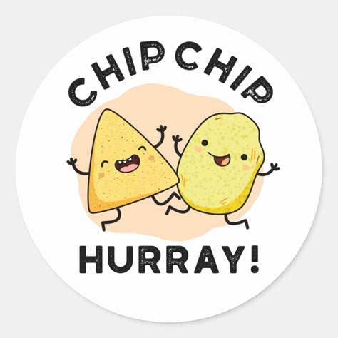 Chip Chip Hooray Funny Happy Crisps Pun features a cute happy pair of snack food crisps. Perfect pun gift for family and friends who love cute chip puns. Chip Chip Hooray, Punny Jokes, Funny Food Puns, Chip Clips, Birthday Card Craft, Products Photography, Cute Puns, Cosy Room, Puns Jokes