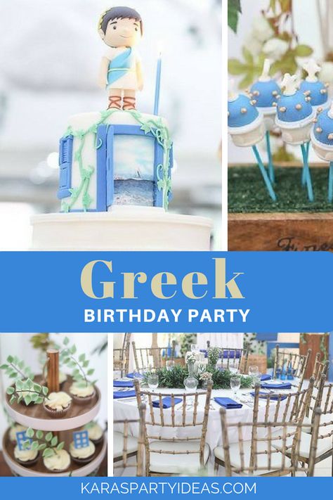 Kara's Party Ideas Greek Birthday Party | Kara's Party Ideas Greek Birthday Party Decorations, Greek Festival Decorations, Greek Gods And Goddesses Birthday Party, Greek Party Theme Decoration, Greek Party Decor, Greek Party Ideas, Greek Birthday Party Theme, Greek Theme Party Decorations, Greece Themed Party Decoration