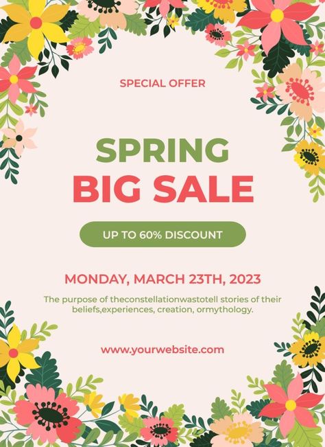 Floral Flat Spring Big Sale Poster Big Sale Poster, Spring Flats, Floral Flats, Home Poster, Spring Sale, Poster Template, Big Sale, Free Graphic Design, Sale Poster