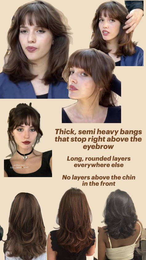 Bangs above the eyebrows, pretty thick. Rounded layers with no layers above the chin in the front Rounded Layers, Hairstyles For Layered Hair, Hair Stylies, Haircuts Straight Hair, Cut My Hair, Hair Inspo Color, Hair Envy, Aesthetic Hair, Hairstyles Haircuts