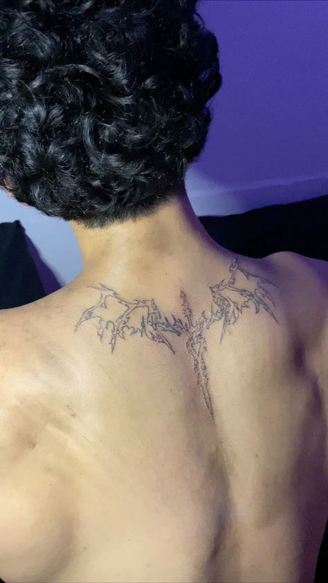 Wing Tattoo Ideas For Men, Back Tattoo Sigilism, Men’s Wings Tattoo, Cybersigilism Back Tattoo Wings, Angel Tatoos Aesthetic Men, Cypher Sigilism Tattoos, Wings Back Tattoo For Men, Wing Tattoo Men Back, Sigil Tattoo Back