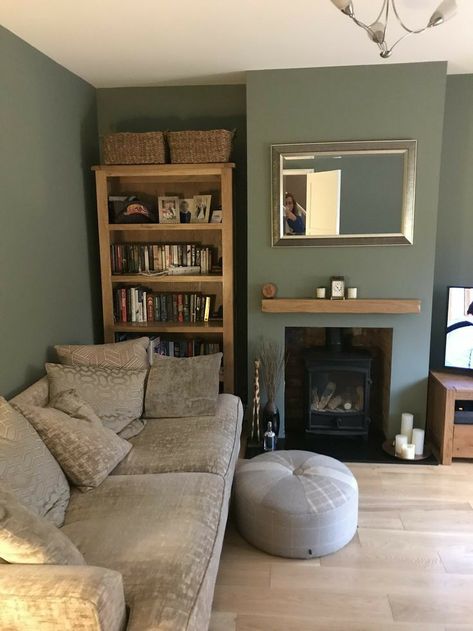 Feature Wall Grey Living Room, Living Room Feature Wall Colour, Sage Feature Wall Living Rooms, Neutral Living Room Sage Green, Grey Walls Green Couch, Sage Sitting Room Ideas, Sage Colour Living Room, Wall Pallet Ideas Living Rooms, Lounges With Green Walls