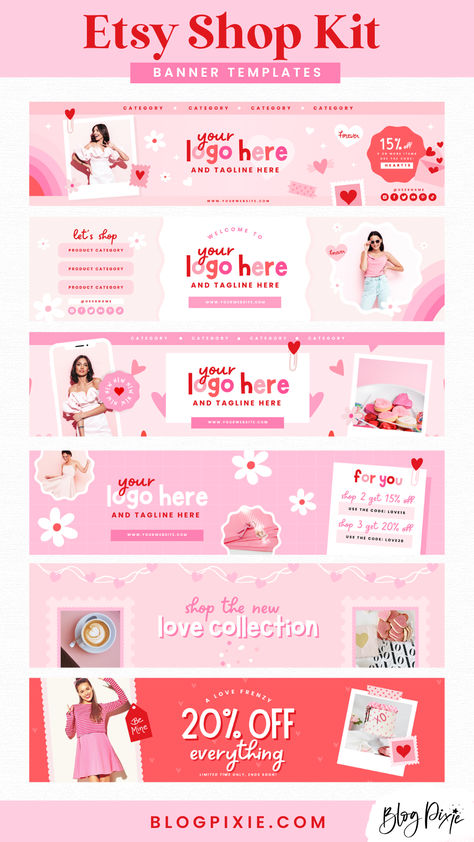 Etsy banner templates in pink and red with hearts Red And Pink Instagram Feed, Pink And Red Website Design, Pink Red Branding, Pink Y2k Website, Canva Elements Valentines Day, Heart Branding, Red Branding, Pastel Social Media Templates, Marketing For Small Business