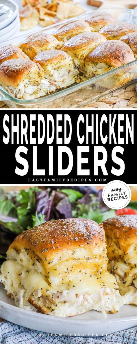 Shredded Chicken Sliders are an easy, crowd-pleasing meal or appetizer. They're made with soft and sweet Hawaiian rolls layered with juicy shreds of chicken, melty provolone, and a honey mustard glaze. Hot Honey Sliders, Honey Mustard Chicken Sliders, Smoked Chicken Sliders, Chicken Salad Sliders Hawaiian Rolls, Oven Sliders Kings Hawaiian, Grilled Cheese Sliders Kings Hawaiian, Shredded Chicken Sliders Hawaiian Rolls, Easy Sliders Recipes Hawaiian Rolls, Easy Hawaiian Roll Sliders