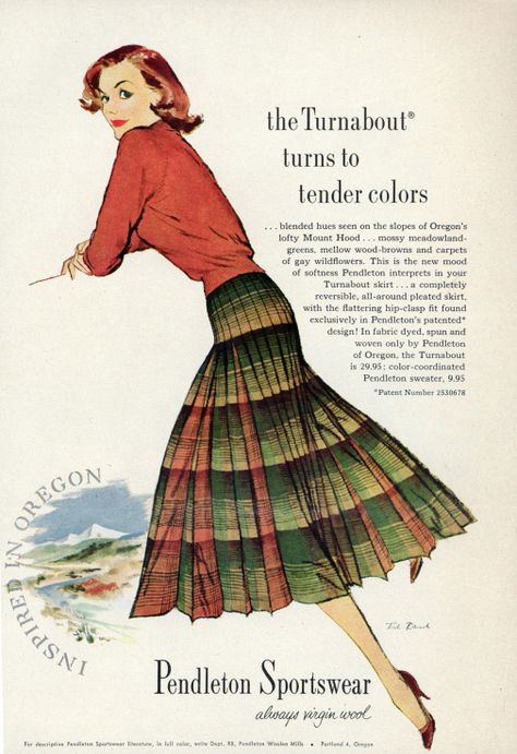 I just bought one of these at the thrift store! The Turnabout turns to tender colours.1950s 50s Advertisements, 50s Illustration, 1950 Aesthetic, 1950s Art, Fashion Artwork, Reversible Skirt, Avon Lady, Poodle Skirt, Sportswear Fashion