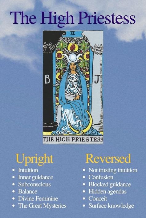 The High Priestess tarot card signifies listening to your intuition, inner wisdom, the Divine Feminine, and is an indicator of mysteries and hidden things. Tarot High Priestess Meaning, The High Priestess Tarot Meaning, Tarot High Priestess, The High Priestess Tarot Card, Priestess Tarot Card, The High Priestess Tarot, Listen To Your Intuition, High Priestess Tarot, Card Meanings