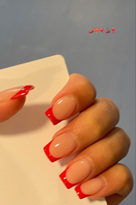 Red French Acrylic Nails Square, Arched French Tip Nails, Nail Ideas Acrylic Square Medium, Acrylic Nails Tips Color, Red French Coffin, Medium Square Acrylic Nails French Tips, Bright Square Nails, Red French Tip Square, Square Red French Tip Nails