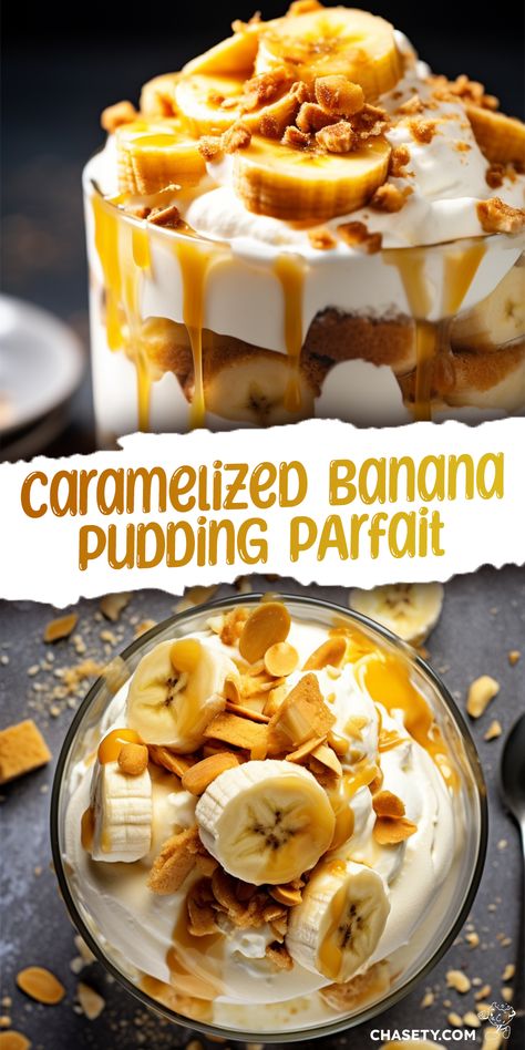 Carmel Banana Pudding Recipe, Banana Parfait Desserts, Banana Pudding Tiramisu, Banana Caramel Dessert, Banana Pudding Parfait, Carmel Desserts, Fruit Parfait Recipes, Banana Parfait, Banana Trifle