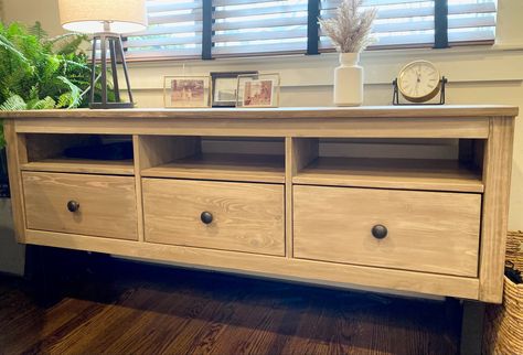 An easy way to update your IKEA Hemnes TV console. Sand stripping and staining Hemnes Bench Hack, Ikea Hemnes Tv Stand Makeover, Ikea Console Hack, Hemnes Tv Stand Hack, Ikea Hack Tv Stand, Ikea Hemnes Living Room, Ikea Hemnes Tv, Hemnes Sideboard, Hemnes Tv Stand