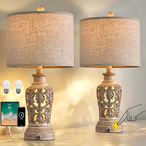 OYEARS 21.75’’Touch Control 3-Way Dimmable Table Lamp Set of 2, Retro Farmhouse Lamp with USB A+C Port, Vintage Nightlight Lamp for Living Room Bedroom Office, (Including 2 Bulbs) - Amazon.com Farmhouse Lamp, Nightlight Lamp, Retro Desk Lamp, Nightstand Lamps, Farmhouse Table Lamps, Farmhouse Lamps, Dimmable Table Lamp, Retro Table Lamps, Retro Farmhouse