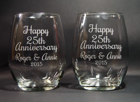 Etched Glass Ideas Wedding, Anniversary Wine Glasses, Glass Etching Wedding Gift, 25th Anniversary Decorations, Mr And Mrs Wine Glasses, Happy Anniversary Wedding, Engraved Wine Glasses Premier Home & Gifts, 25th Wedding Anniversary Party, Golden Anniversary Gifts