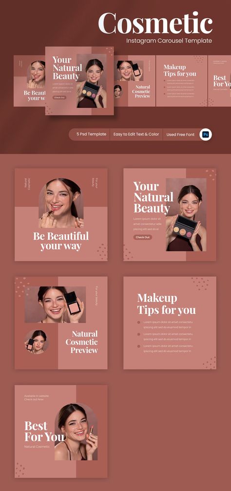 Cosmetic Instagram Carousel Template PSD Cosmetics Social Media Design, Makeup Carousel, Instagram Carousel Design, Hair Social Media, Carousel Post Design, Instagram Carousel Template, Carousel Template, Salon Promotions, Natural Makeup Tips