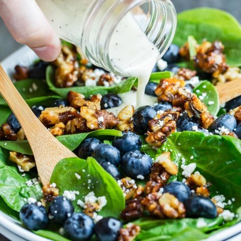 Blueberry Spinach Salad with Lemon Poppyseed Dressing Spinach And Blueberry Salad, Fruit And Veggie Salad, Lemon Poppyseed Dressing, Blueberry Spinach Salad, Cranberry Quinoa Salad, Blueberry Salad, Creamy Feta, Squash Vegetable, Poppyseed Dressing