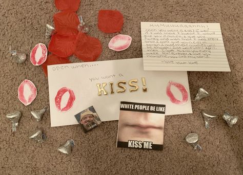 Open when you want a kiss gift for long distance! Open When You Need A Kiss, Help Falling Asleep, Open When Cards, Long Distance Girlfriend, Cute Gifts For Girlfriend, Kiss Gift, Letter For Him, Open When Letters, Military Homecoming