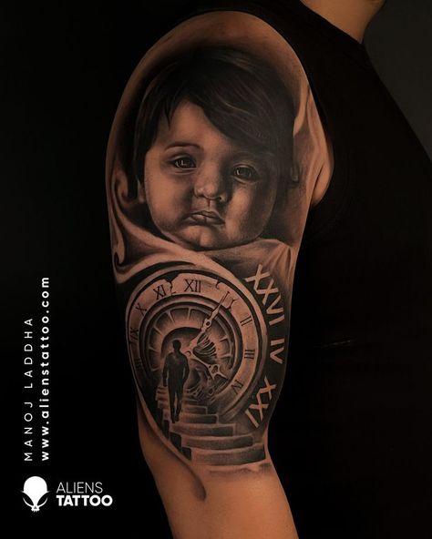 A Portrait Realism Tattoo done by Manoj Laddha at Aliens Tattoo Hyderabad. It is a photo realism made from a photo clicked of a child which is turned into a marvellous tattoo. Realism Portrait Tattoo, Aliens Tattoo, Realism Portrait, Charcoal Artists, Art Inspired Tattoos, Photo Realism, Hyper Realistic Tattoo, Custom Tattoos, Japan Tattoo Design