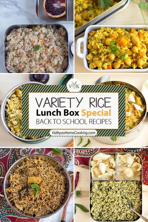 #backtoschool #backtoschoollunchboxrecipes A collection of variety rice recipes perfect for your lunch box. #lunchboxrecipes Vegetarian Lunch Recipes, Back To School Recipes, Rice Lunch, Variety Rice, Lunch Recipes Indian, Lunchbox Recipes, Vegan Lunch Box, Indian Recipes Authentic, Vegetarian Recipes Lunch