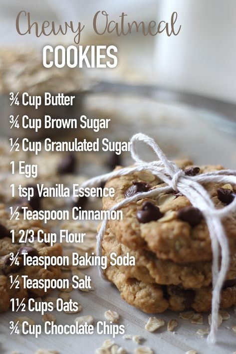 How To Make Oatmeal Chocolate Chip Cookies, Easy Chewy Oatmeal Cookies, Simple Oatmeal Chocolate Chip Cookies, Recipe Oatmeal Cookies, Soft Cookie Recipes Easy, Baking Recipes With Oats, Recipe For Cookies Easy, Not Bake Cookies, Easy Chocolate Oatmeal Cookies