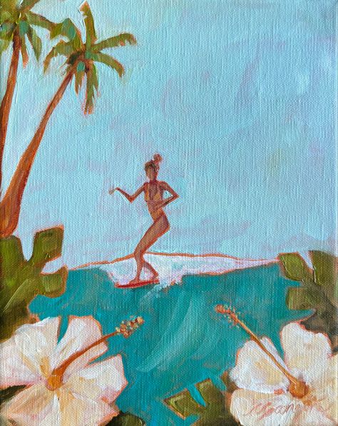 Original oil painting on canvas by Maui Artist CGangini Tropical Drawing Ideas, How To Paint A Wave, Silly Painting Ideas, Surfer Watercolor, Surf Board Painting, Simple Watercolor Ideas, Surfer Girl Painting, Fun Painting Ideas On Canvas, Surfing Painting