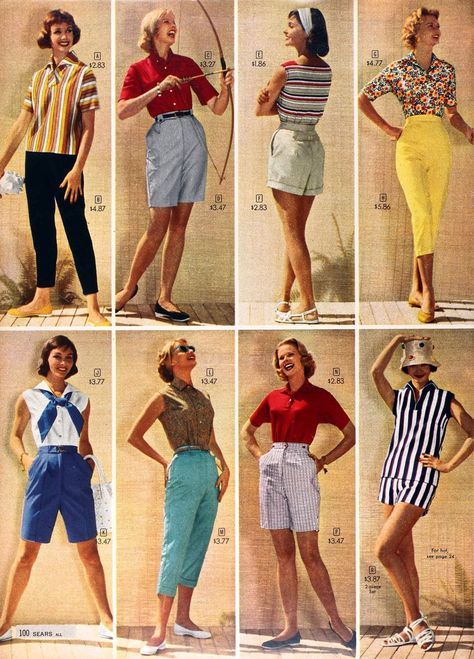 1950s shorts and capris, 1958                                                                                                                                                                                 More Moda Z Lat 70., Mode Over 50, 40s Mode, 1950s Shorts, Look Disco, 50s Outfits, 1950 Fashion, 40 Women, Look Retro