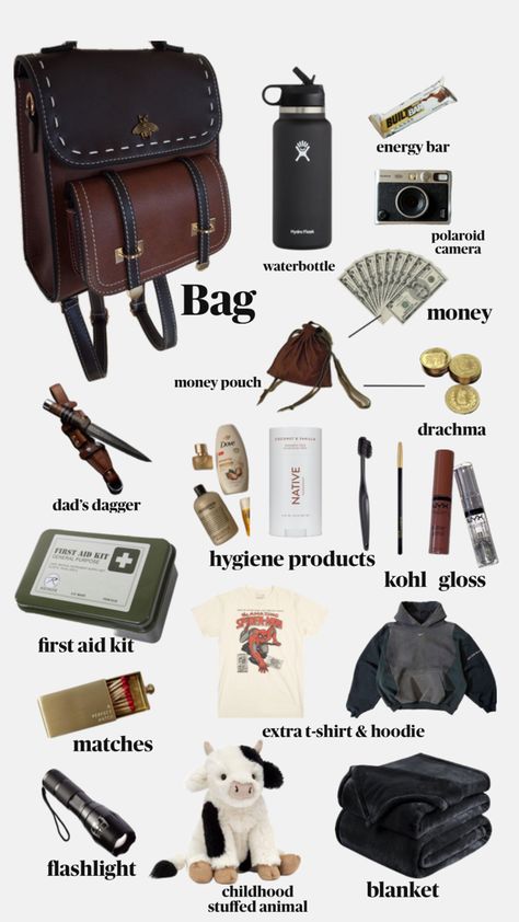 A pinterest collage including a bag and various items, all labeled. Writing Inspiration Characters, Pjo Dr, Blood And Bone, Money Pouch, Percy Jackson Characters, Handbag Essentials, George Weasley, Unique Baby Names, Percy Jackson Funny