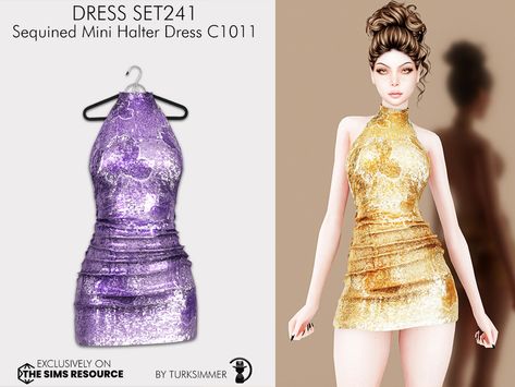 Sims 4 Sparkle Cc, Sims 4 Halter Dress, Sims 4 Purple Dress, The Sims 4 Cc Hot Dress, Sims 4 Glitter Dress, Sims 4 Clothes Cc, Mini Halter Dress, Sequined Mini Dress, Vip Dress