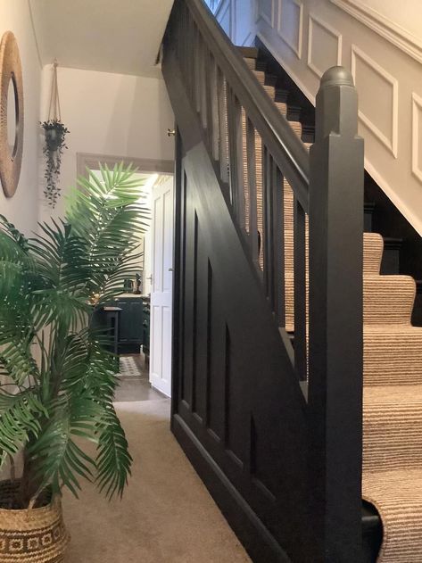 Black Wainscoting Staircase, Wooden Floor Hallway Ideas, Black Stairs Hallway, Period Hallway Ideas, Black Wooden Spindles Staircase, Hallway Ideas Black Bannister, Black And White Entrance Hall, Hallway Ideas Dark, Black Spindles Staircase