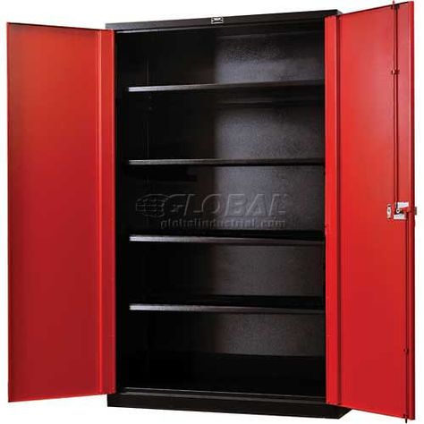 Fort Knox Cabinet, 36W X 24D X 78H, Black Body, Red Doors Shelving Cabinet, Red Doors, Door Texture, Metal Storage Cabinet, Metal Storage Shelves, Steel Storage Cabinets, Garage Storage Shelves, Fort Knox, Metal Storage Cabinets