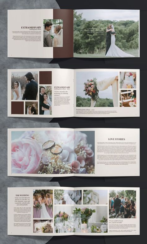 Wedding Album Template InDesign - 22 unique pages Photo Album Template Layout, Photo Album Layout Design Templates, Wedding Album Magazine, Wedding Album Ideas Photo Books, Wedding Photo Album Layout Design, Wedding Albums Designs, Bride Album Design, Wedding Album Design Layout Templates, Wedding Album Layout Templates