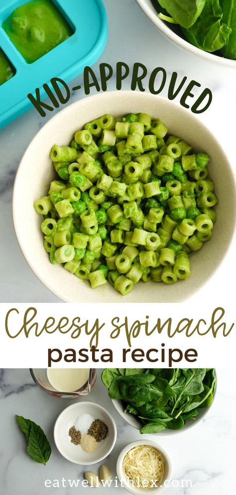 cheesy green pasta sauce for kids Toddler Dinner Recipes, Easy Toddler Meals, Toddler Dinner, Cheesy Spinach, Easy Baby Food Recipes, Baby Led Weaning Recipes, Healthy Baby Food, Weaning Recipes, Toddler Lunches