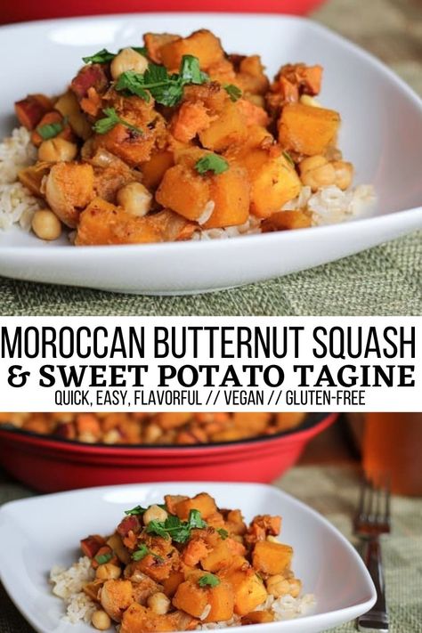 Moroccan Butternut Squash & Sweet Potato Tagine - The Roasted Root Butternut Squash Sweet Potato Recipes, Dried Apricot Recipes, Butternut Squash Sweet Potato, Sweet Potato Chilli, Butternut Squash Stew, Butternut Squash Sweet, Butternut Recipes, Morocco Food, Canning Sweet Potatoes