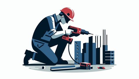 A drawing of a worker using a drill with a picture of a building under it | Premium AI-generated vector