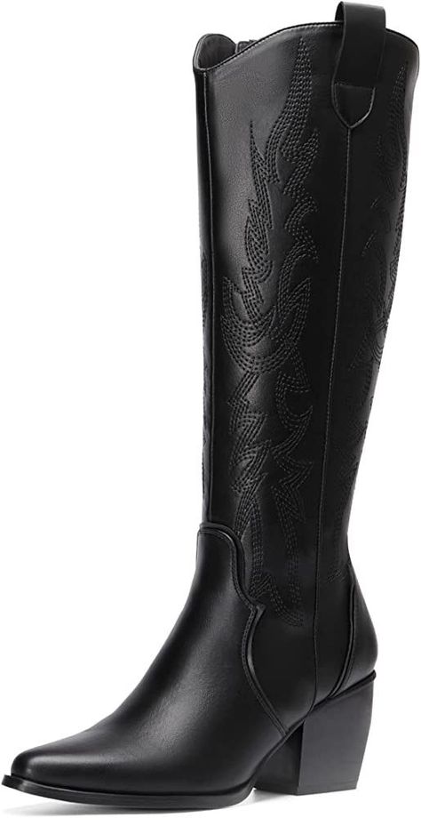 DREAM PAIRS Womens Cowboy Boots, Comfortable Pull On Zipper Chunky Heel Pointed Toe Embroidered W... | Amazon (US) Womens Cowboy Boots, Black Cowgirl Boots, Black Cowgirl, Boots Comfortable, Cuban Heels, Black Boots Tall, Cowboy Boots Women, Western Cowgirl, Girls Boots