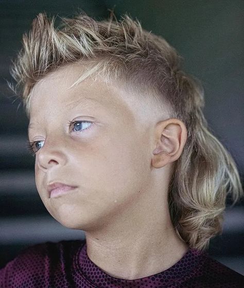 Lightning Bolt Hair Design For Boys, Mullet For Kids, Boys Mullet Haircut Kids, Kids Mullet, Boys Mullet, Modern Boy Haircuts, Baby Mullet, Haircut For Boys