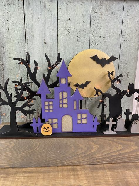 Halloween DIY Kit | Halloween Village Silhouette - The little Green Bean Halloween Decorations Small House, Village Silhouette, Haunted Halloween House, Diy Halloween Village, Halloween Headstone, Christmas Diy Kit, Halloween Yard Art, Dekorasi Halloween, Casa Halloween