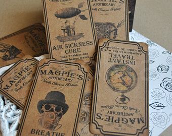 Steampunk labels | Etsy Steampunk Paper, Witches Apothecary, Steampunk Diy Crafts, Halloween Apothecary Labels, Steampunk Scrapbook, Steampunk Witch, Steampunk Cards, Halloween Bottle Labels, Identity Card Design