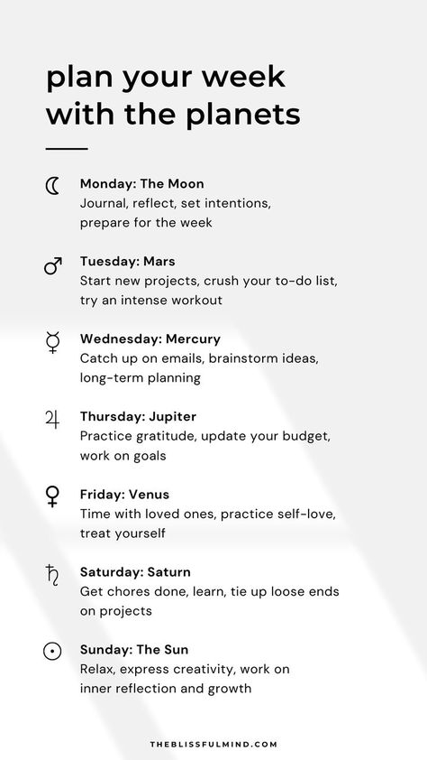 Can the planets *really* help you organize your weekly schedule? When there are a million things you have to do (and things you *want* to do), your brain can get overwhelmed from trying to figure out *when* to do those things. I love a good theme, and I feel like using this concept can help reduce decision-making. To see examples of what to do for each day, read the full blog post. Plan Your Week, Week Schedule, Moon Journal, Spiritual Journals, Learn Astrology, Writing Therapy, Vie Motivation, Get My Life Together, The Planets