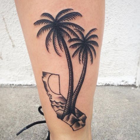 California palm trees #blackandgreytattoo #tattoo Traditional Tattoo Black And Grey, Traditional Tattoo Black And White, Beachy Tattoos, Tiki Tattoo, Hawaii Tattoos, Island Tattoo, Tree Tattoos, Palm Tattoos, Traditional Tattoo Sleeve