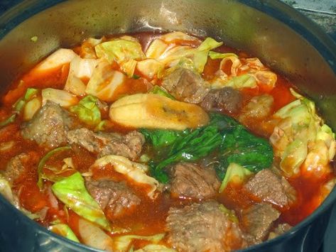 Beef Pochero Recipe | Panlasang Pinoy Recipes™ Pochero Recipe Beef, Beef Pochero, Beef Salpicao Recipe, Estofado Recipe, Salpicao Recipe, Filipino Recipe, Small Cabbage, Beef Shank, Recipe Beef