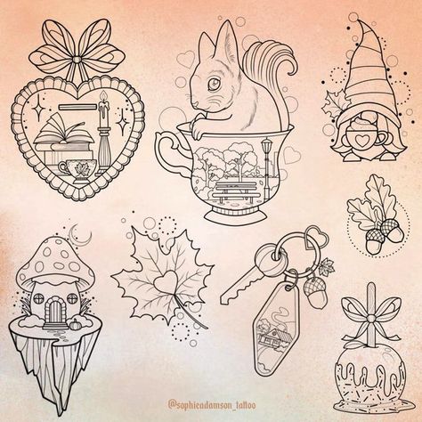 Fall Scene Tattoo, Cottagecore Flash Tattoo, Fall Tattoo Ideas, Autumn Tattoos, Cottagecore Tattoo, Christmas Flash, F Tattoo, Squirrel Tattoo, Apple Tattoo