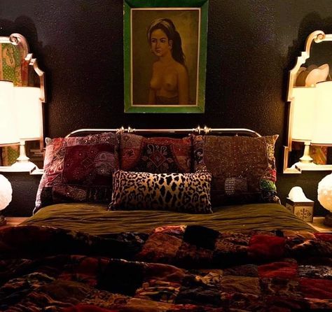 Moody Maximalist Bedroom, Moody Eclectic Bedroom, Maximalist Dining Room, Leopard Bedroom, Moody Maximalism, Moody Maximalist, Maximalist Living Room, Maximalist Bedroom, Library Living Room