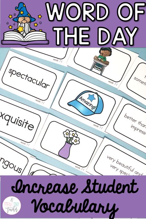 Help your students reach new levels in vocabulary work with this Word of the Day resource. This covers 36 weeks for a total of 144 words that are perfect for kindergarten, first, and second graders. Included are word cards, definition cards, picture cards, 2 versions of quick checks, application, word map, and links to video clips for each word. Kinders, 1st, and 2nd grade students love this engaging vocab review that will keep them learning and reviewing all year round. Building Vocabulary Kindergarten, Preschool Word Of The Day, Word Of The Week Worksheet, Kindergarten Word Of The Day, Vocabulary Second Grade, Building Vocabulary Activities 2nd Grade, Vocabulary Words For 1st Grade, Vocabulary Words For Kindergarten, How To Teach Vocabulary First Grade