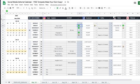 How To Plan Your Social Media in 2020 as an individual or small company — FREE Google Sheets Editorial Calendar Template | by Gracia Kleijnen | Google Sheets Geeks | Medium Social Media Planning Template, Social Media Content Calendar Template, Google Sheets Templates, Editorial Calendar Template, Social Media Planner Template, Social Media Calendar Template, Social Media Strategy Template, Content Calendar Template, Social Media Posting Schedule