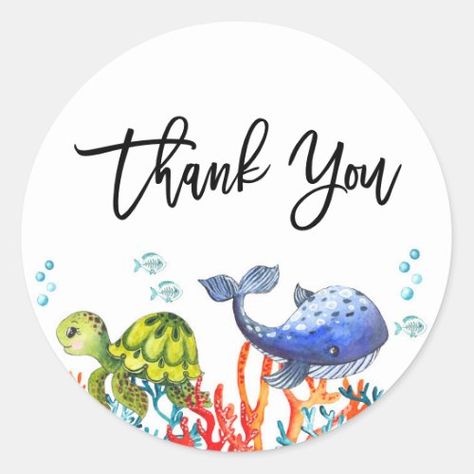 $7.25 | Watercolor Under the Sea Birthday Thank You #under the sea, under the sea birthday, under the sea sticker, thank you, thank you sticker, turtle, watercolor, whale, ocean, coral Under The Sea Thank You Tags, Thank You Pictures, Ocean Birthday Party, Birthday 2023, Wishes For Daughter, Chic Invitation, Ocean Birthday, Under The Sea Birthday, Turtle Party