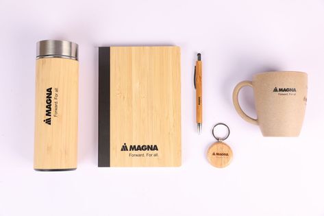 Discover our eco-friendly Welcome Kit, created just for Magna. Embrace sustainability with our bamboo flask, bamboo diary, bamboo pen, rice husk mug, and wooden keychain, all of which prominently feature the company logo. Make a long-lasting impact while reducing your carbon footprint. Contact us right away to learn more about our corporate gifting options: +91 9594070940 | info@brandstik.com Promotional Items Marketing, Rice Husk, Bamboo Pen, Welcome Kit, Wooden Keychain, Corporate Gifting, Promotional Items, Promotional Item, Carbon Footprint