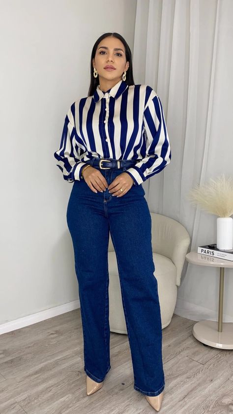 Blue White Striped Shirt Outfit, Blue And White Striped Shirt Outfit, White Striped Shirt Outfit, Fashionable Business Attire, Button Down Outfit, Corporate Baddie, Blue And White Striped Shirt, Corporate Wear, Blue Striped Shirt