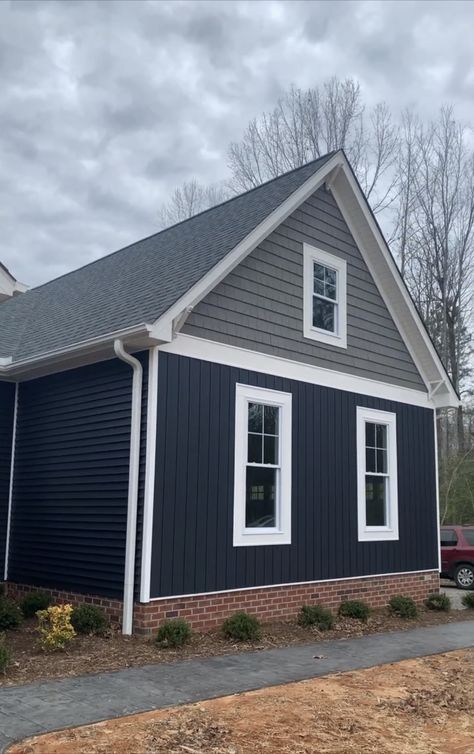 Navy Vinyl Siding House, Dark Grey Homes, Brick And Navy House Exterior, Dark Blue Home Exterior, Dark Blue House Exterior With Wood, Brownstone Exterior, Siding Inspiration, Blue Siding House, Navy House Exterior