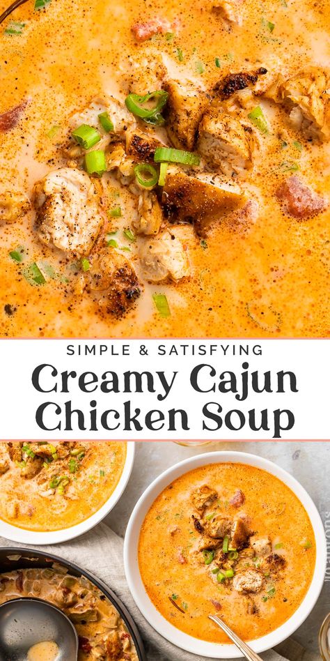 Deliciously creamy, rich, and full of flavor, this Cajun chicken soup is quick and easy to make but restaurant-quality in taste. Positively delicious and naturally low carb. Cajun Pasta Soup, Creamy Shrimp And Rice Soup, Cracked Chicken Soup With Cheddar Bay Biscuit Topping, Cream Soups Ideas, Soup Recipes With Heavy Cream, Chicken And Pasta Soup, Soups With Heavy Whipping Cream, Unique Soup Ideas, Cajun Shrimp Soup