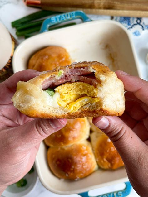 Ham, Egg, and Cheese Stuffed Biscuits | Topped with Maple Butter Cheese Stuffed Biscuits, Stuffed Biscuits, Spinach And Bacon, Egg Biscuits, Biscuit Sandwich, Maple Butter, Ham And Eggs, Breakfast Bagel, Egg Cheese