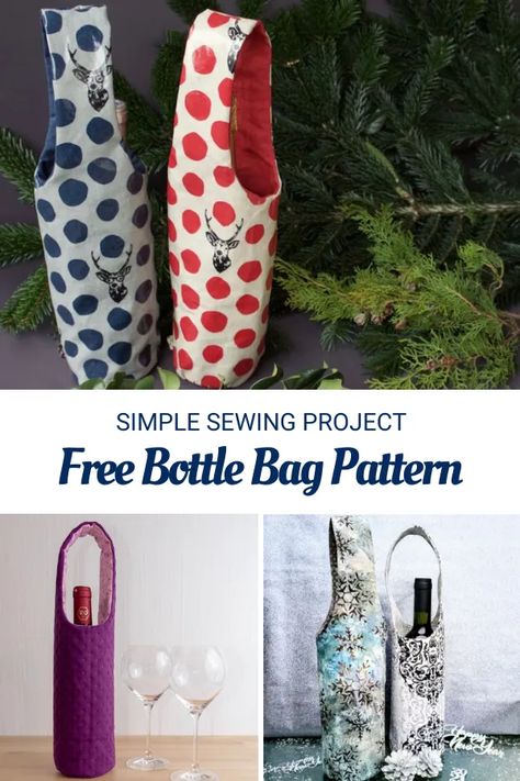 Bottle Bag Sewing Pattern, Wine Carrier Pattern, Bottle Bag Pattern, Wine Bag Diy, Tote Patterns Free, Fabric Wine Bottle Bag, Sewing With Scraps, Wine Bag Pattern, Fabric Wine Bags